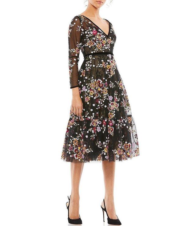 Mac Duggal Floral Embroidered Mesh Lace V-Neck 3/4 Sleeve Dress Product Image