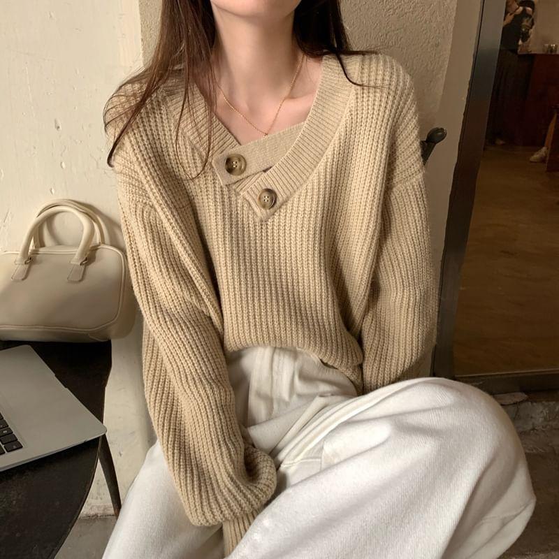 V-Neck Plain Buttoned Sweater Product Image