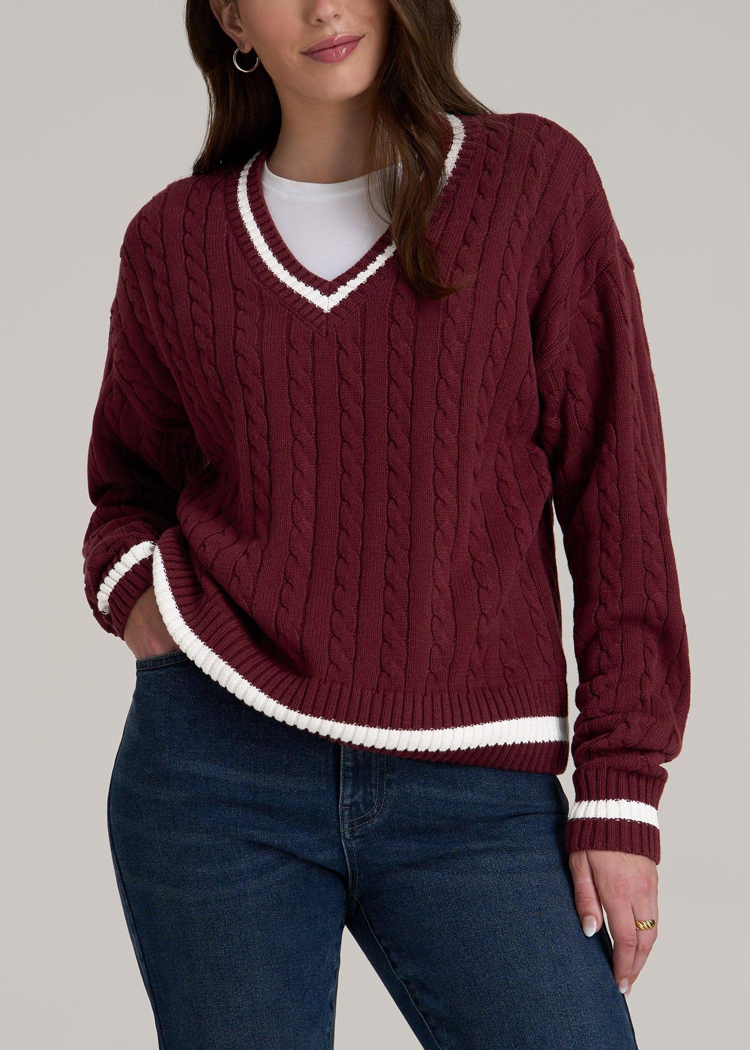 V-Neck Collegiate Sweater for Tall Women in Red Ochre and Winter White product image