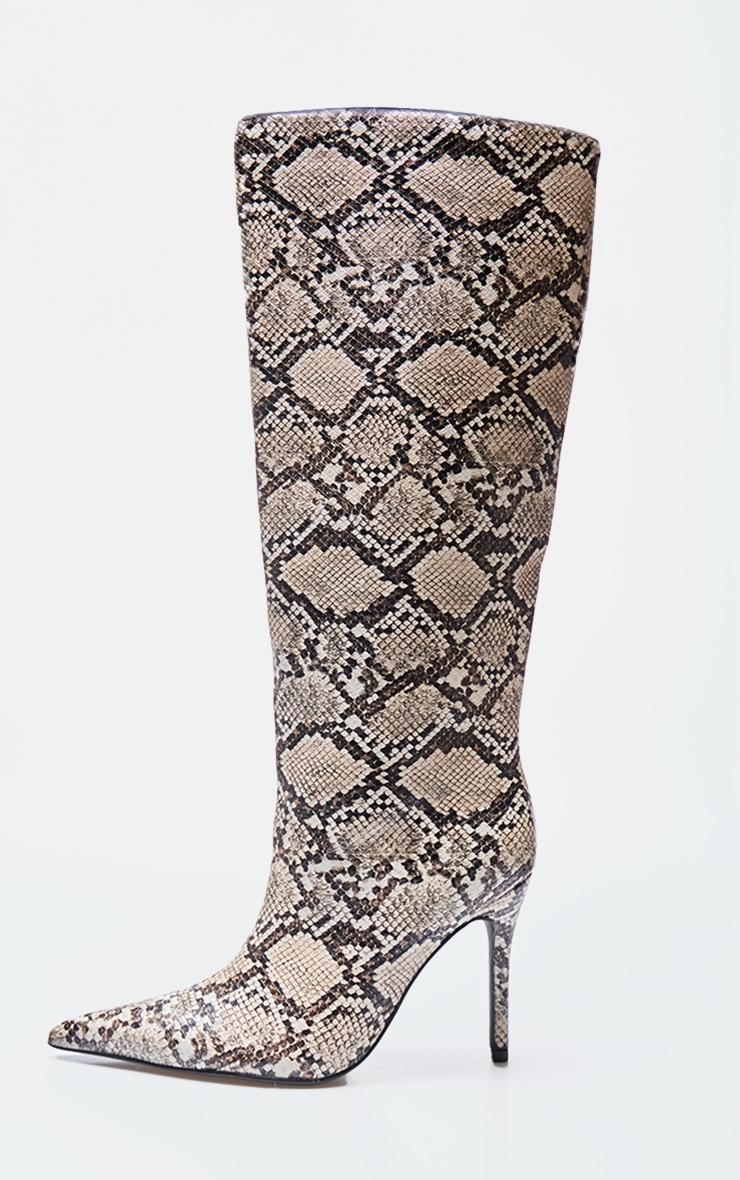 Snake PU Point Toe Stiletto Knee High Heeled Boots Product Image