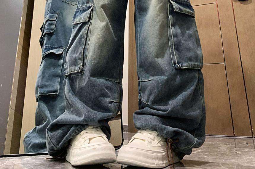 Mid Waist Washed Wide Leg Cargo Jeans Product Image