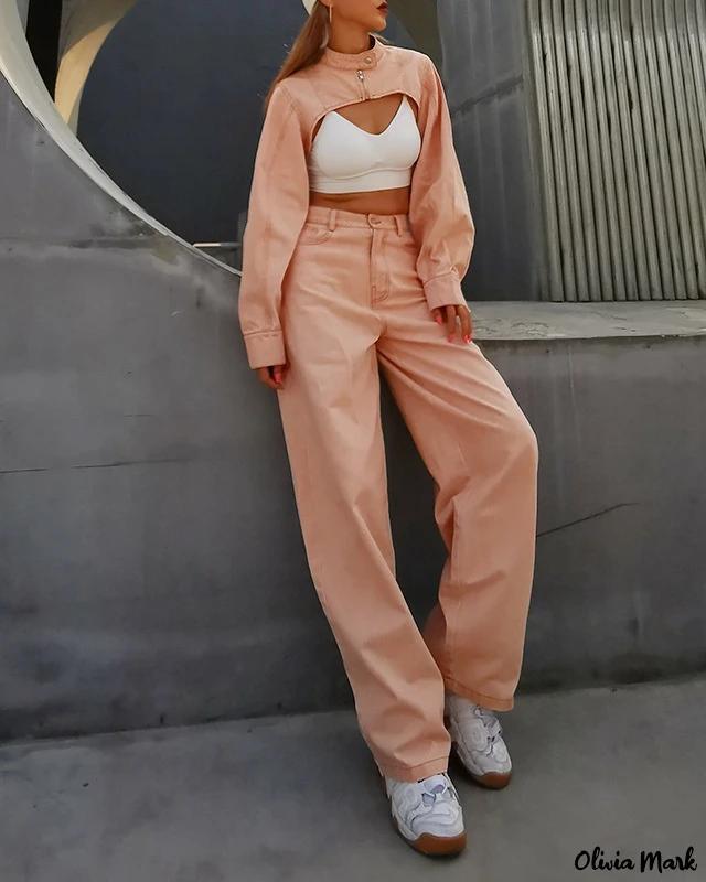 Olivia Mark – High Waist Wide Leg Pants with Lantern Sleeves and Mandarin Collar Crop Top in Solid Color, featuring Exposed Midriff Product Image