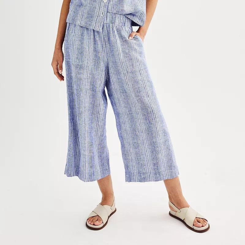 Womens Sonoma Goods For Life Flowy Cropped Linen Blend Pants Blue Ivory Stripe Product Image