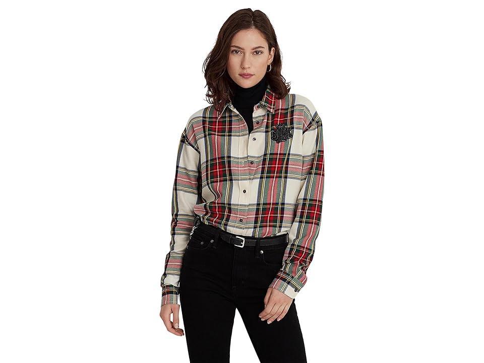 Lauren Ralph Lauren Bullion Checked Plaid Twill Shirt Cream Multi) Women's Clothing Product Image