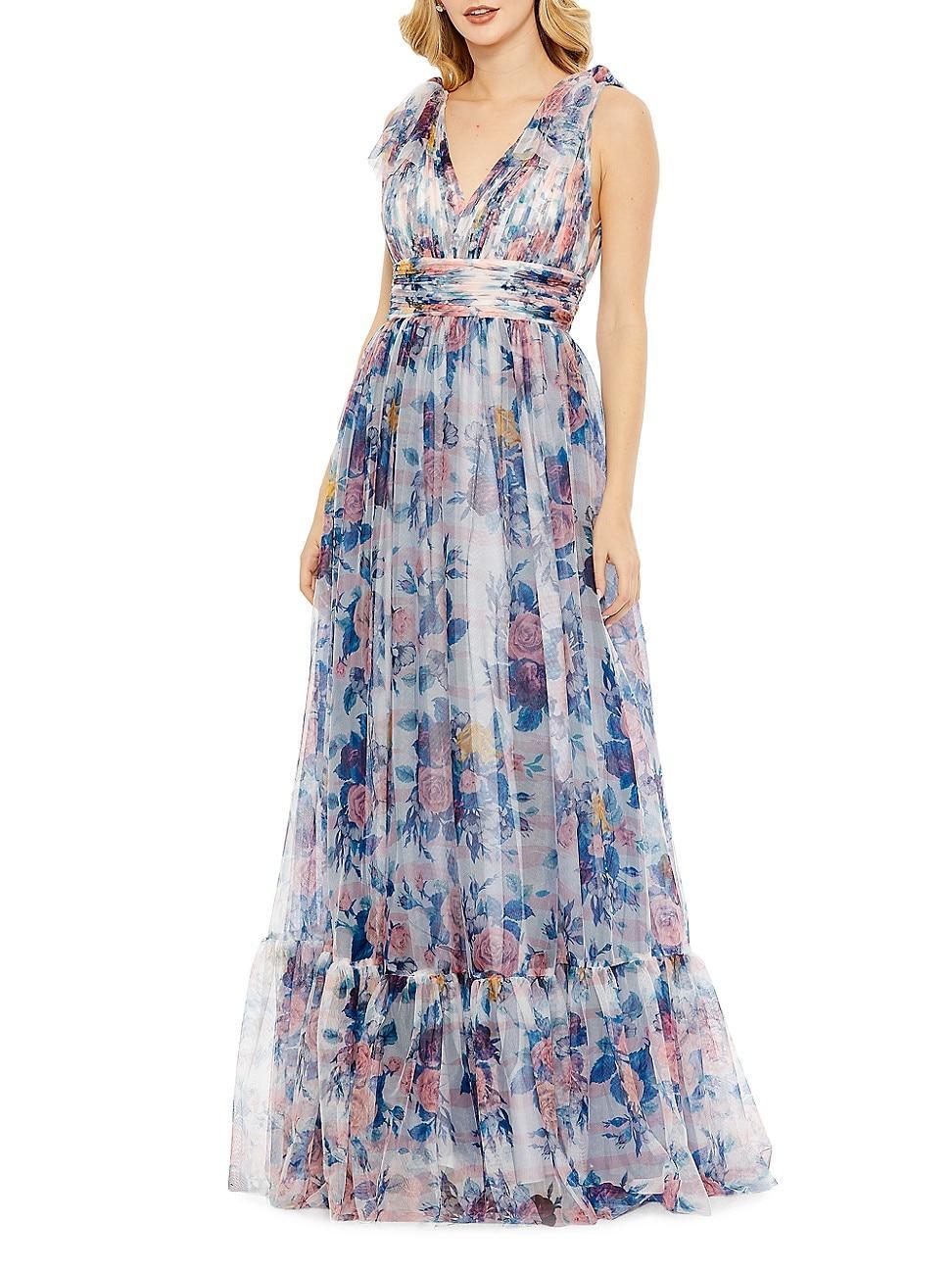 Womens Floral Bow-Shoulder V-Neck Gown Product Image