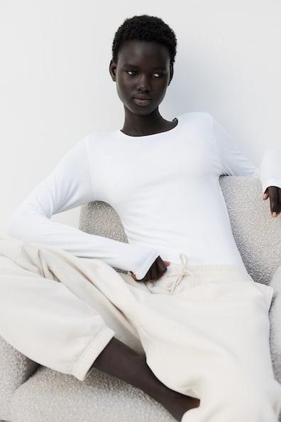 H & M - Long-sleeved Jersey Top - White Product Image