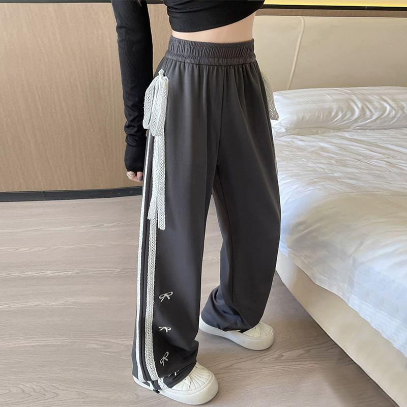 Elastic Waist Bow Embroidered Lace Panel Loose Fit Sweatpants (Various Designs) Product Image