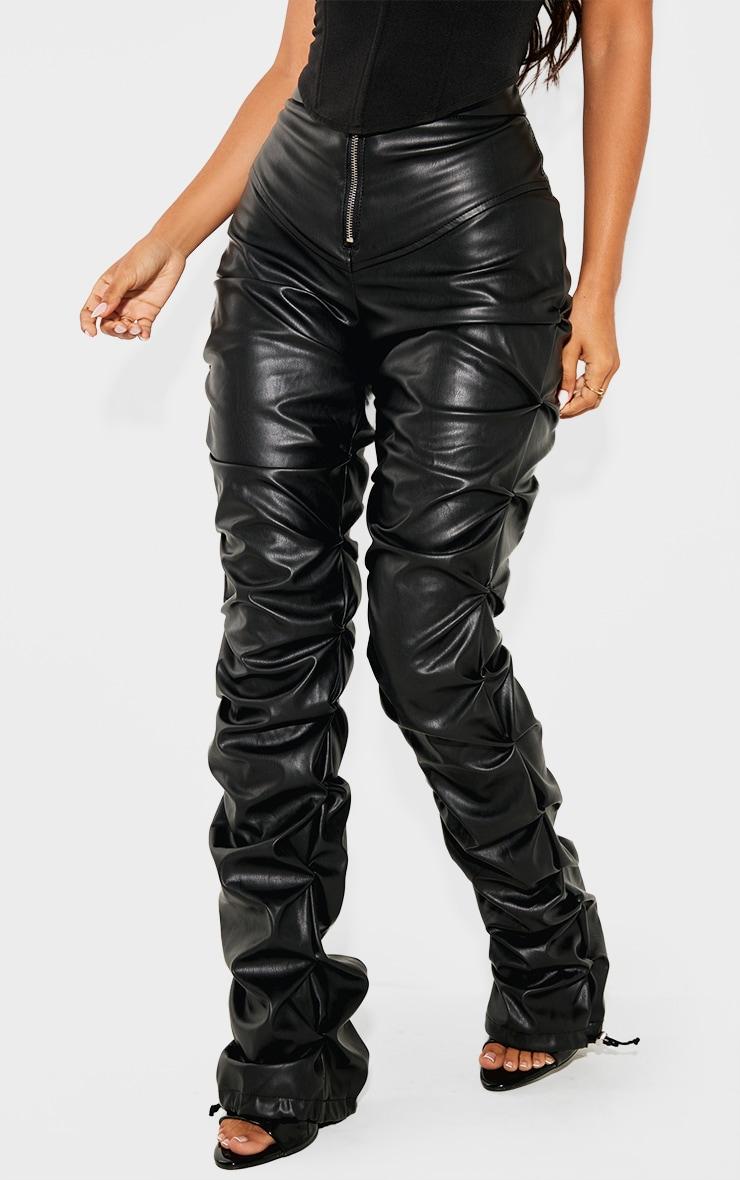 Petite Black Faux Leather Zip Front Ruched Detail Skinny Pants Product Image