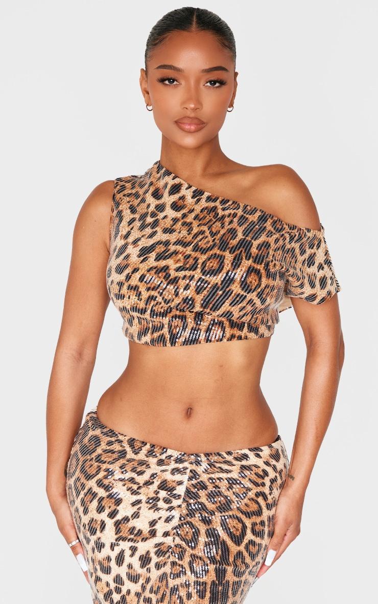 Shape Leopard Print Asymmetric Off Shoulder Top Product Image