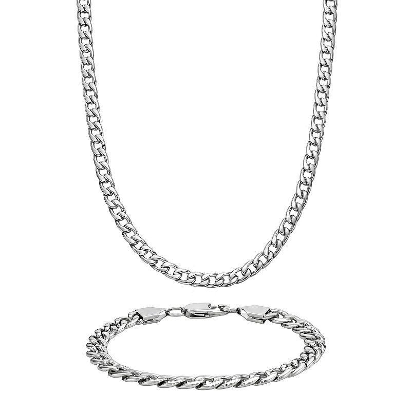 LYNX Stainless Steel 7.5MM Curb Chain Mens Bracelet and Necklace Set Product Image