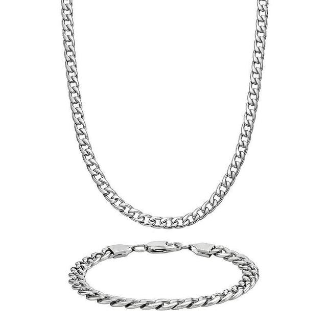 LYNX Stainless Steel 7.5MM Curb Chain Mens Bracelet and Necklace Set White Product Image