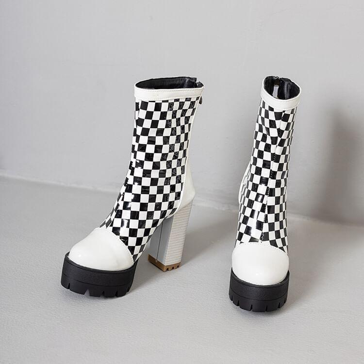 Block Heel Checkerboard Short Boots Product Image