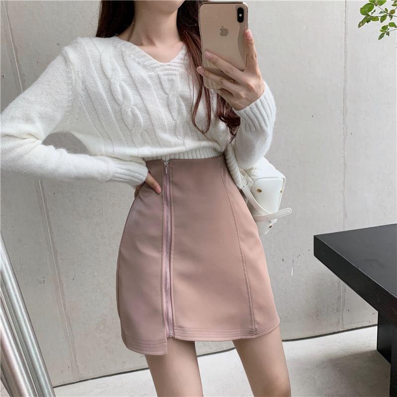 High Waist Plain Asymmetrical Mini Pencil Skirt Product Image