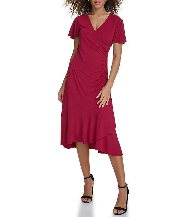 Kensie Ruched Waist Faux Wrap Surplice V-Neck Short Flutter Sleeve Midi Dress Product Image