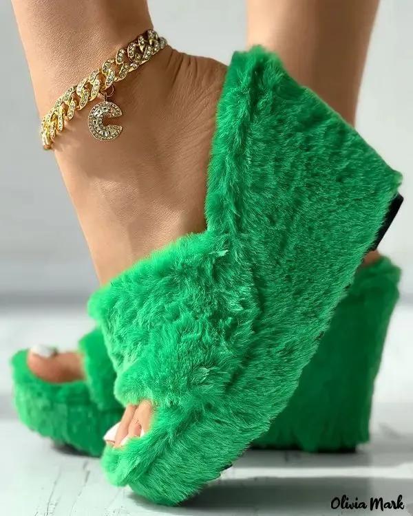 Olivia Mark – One Strap Fuzzy Wedge Slippers Product Image