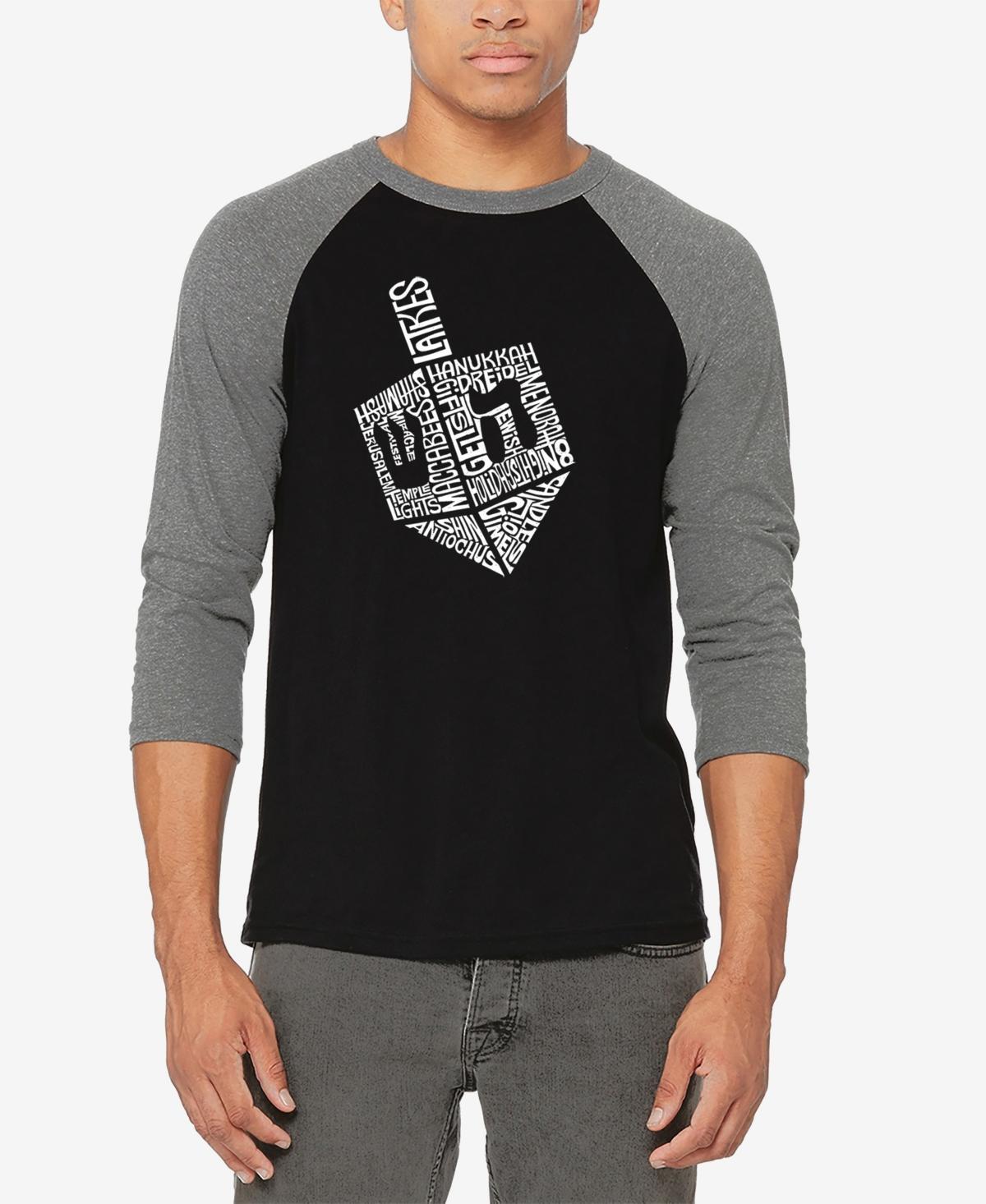 La Pop Art Mens Hanukkah Dreidel Raglan Baseball Word Art T-shirt - Gray Product Image