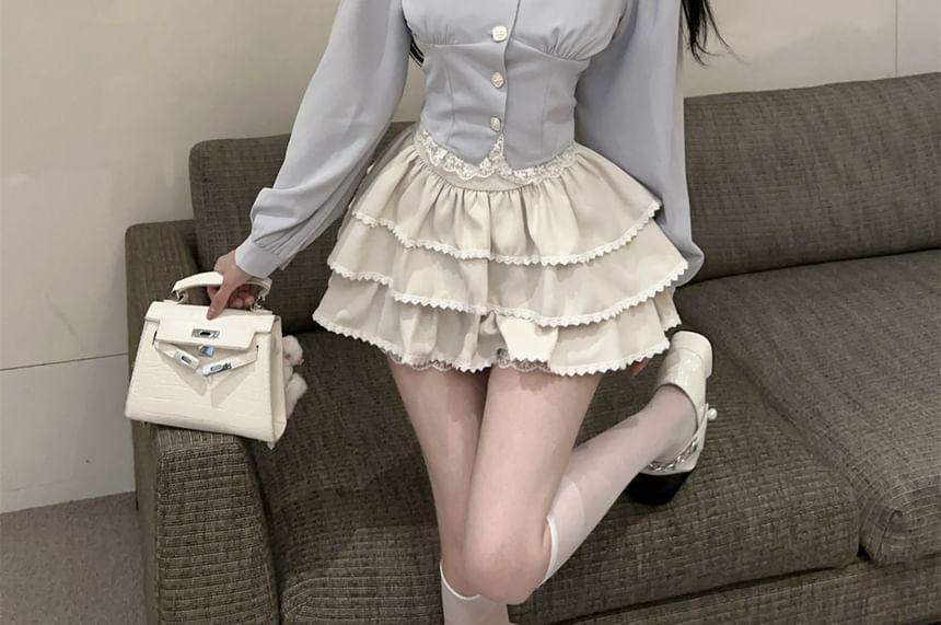 Long Sleeve Contrast Collar Lace Trim Blouse / High Rise Tiered Mini A-Line Skirt Product Image