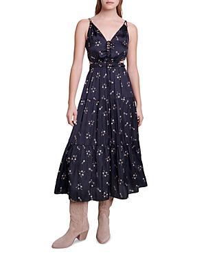 maje Rosolita Sequin Floral Satin Midi Dress Product Image