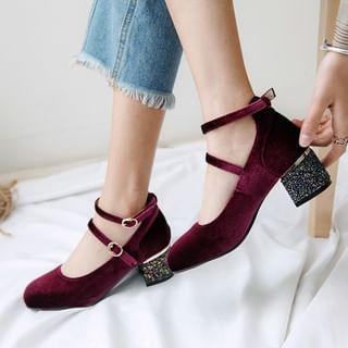 Ankle Strap Velvet Block Heel Mary Jane Pumps Product Image