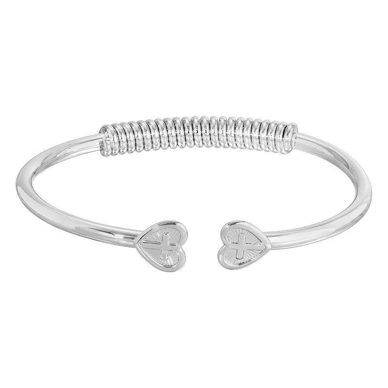 2028 Silver-Tone Heart Cross Coil Spring C-Cuff Bracelet Product Image