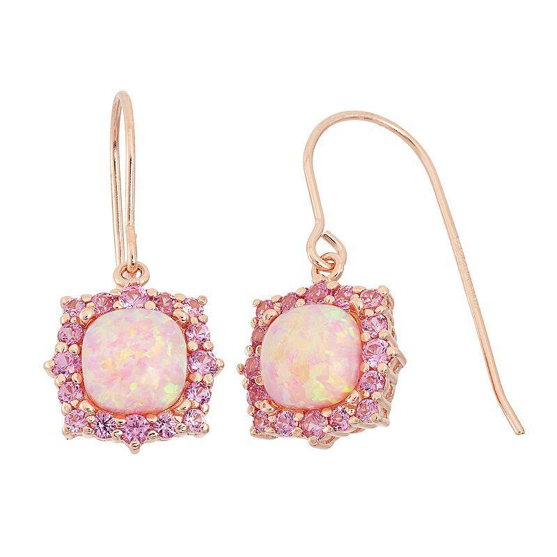 Lab-Created Pink Opal & Lab-Created Pink Sapphire 18k Rose Gold Over Silver Square Halo Drop Earrings, Womens Product Image