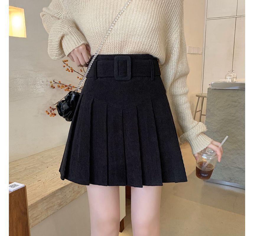 Plain Pleated Corduroy  A-Line Skirt Product Image