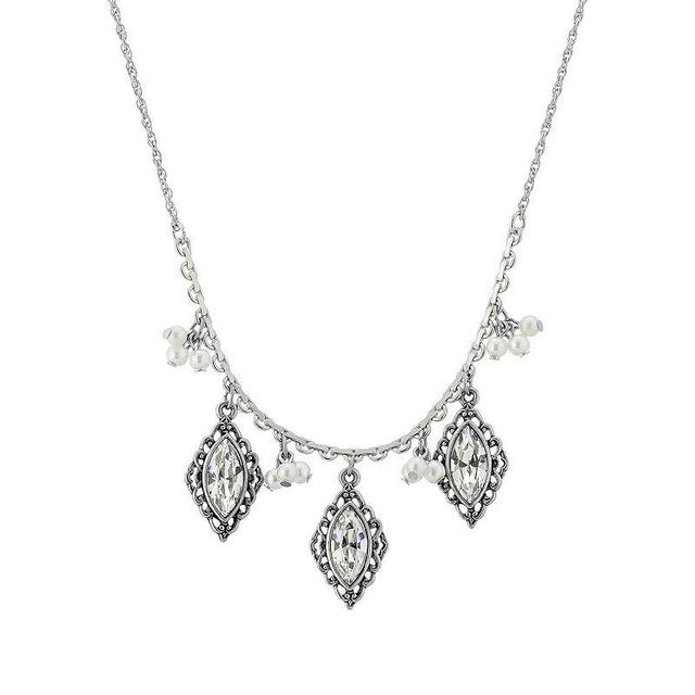 1928 Silver Tone Simulated Crystal & Simulated Pearl Filigree Necklace, Womens, White Product Image