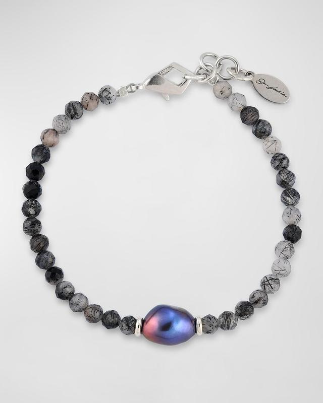 Men's Rutliated Quartz Beaded Bracelet with Grey Pearl Product Image