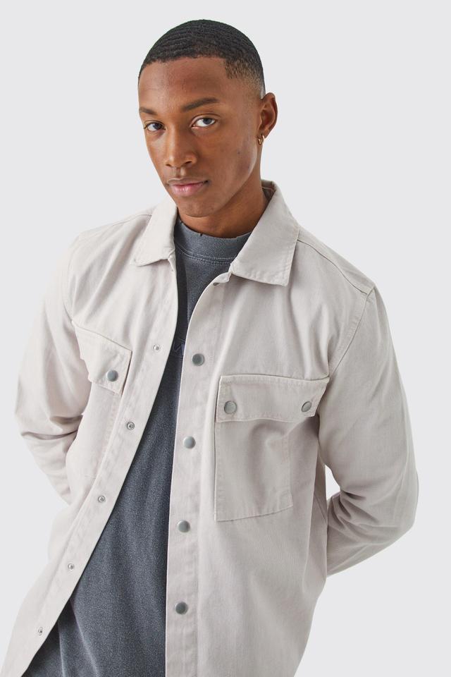 Mens Grey Twill Popper Pocket Overshirt, Grey Product Image