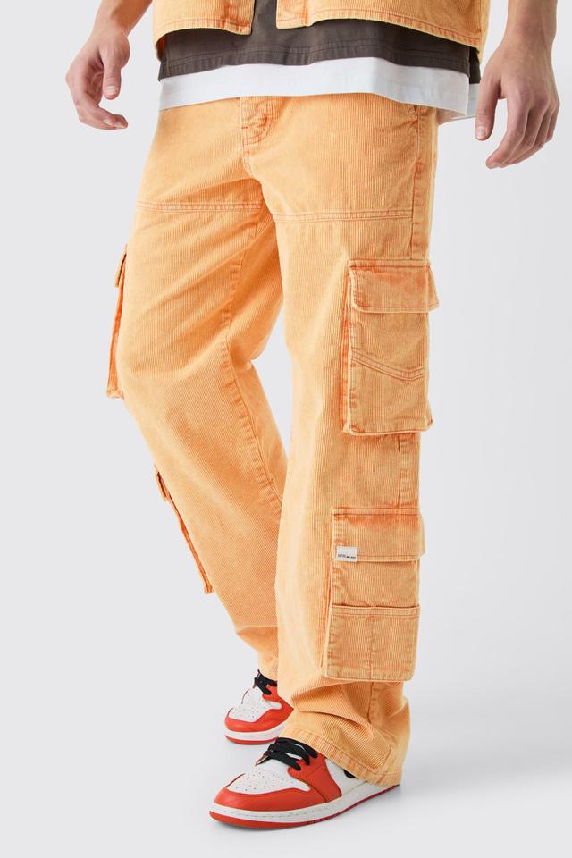 Baggy Multi Pocket Acid Wash Cord Pants In Orange | boohooMAN USA Product Image