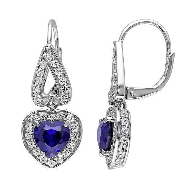 Lab-Created Blue & White Sapphire Sterling Silver Heart Drop Earrings, Womens Product Image