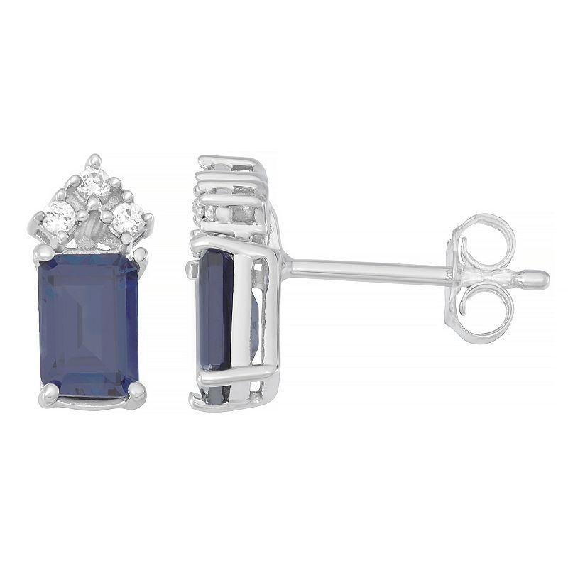 10k White Gold Sapphire & 1/10 Carat T.W. Diamond Stud Earrings, Womens Product Image