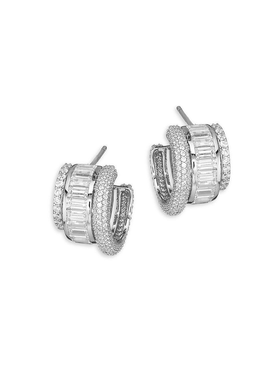 Womens Stacked Sterling Silver & Cubic Zirconia Triple-Hoop Earrings Product Image