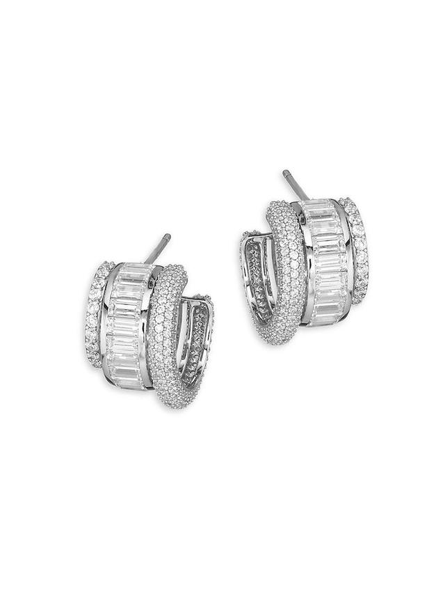 Womens Stacked Sterling Silver & Cubic Zirconia Triple-Hoop Earrings Product Image