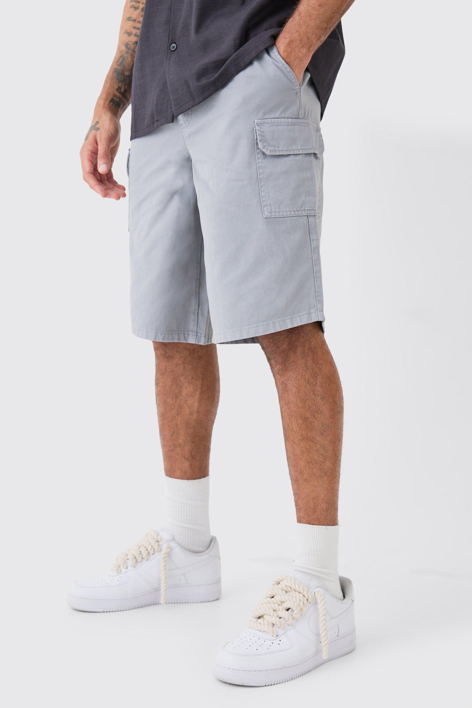 Mens Grey Longer Length Relaxed Fit Elasticated Waist Cargo Shorts, Grey Product Image