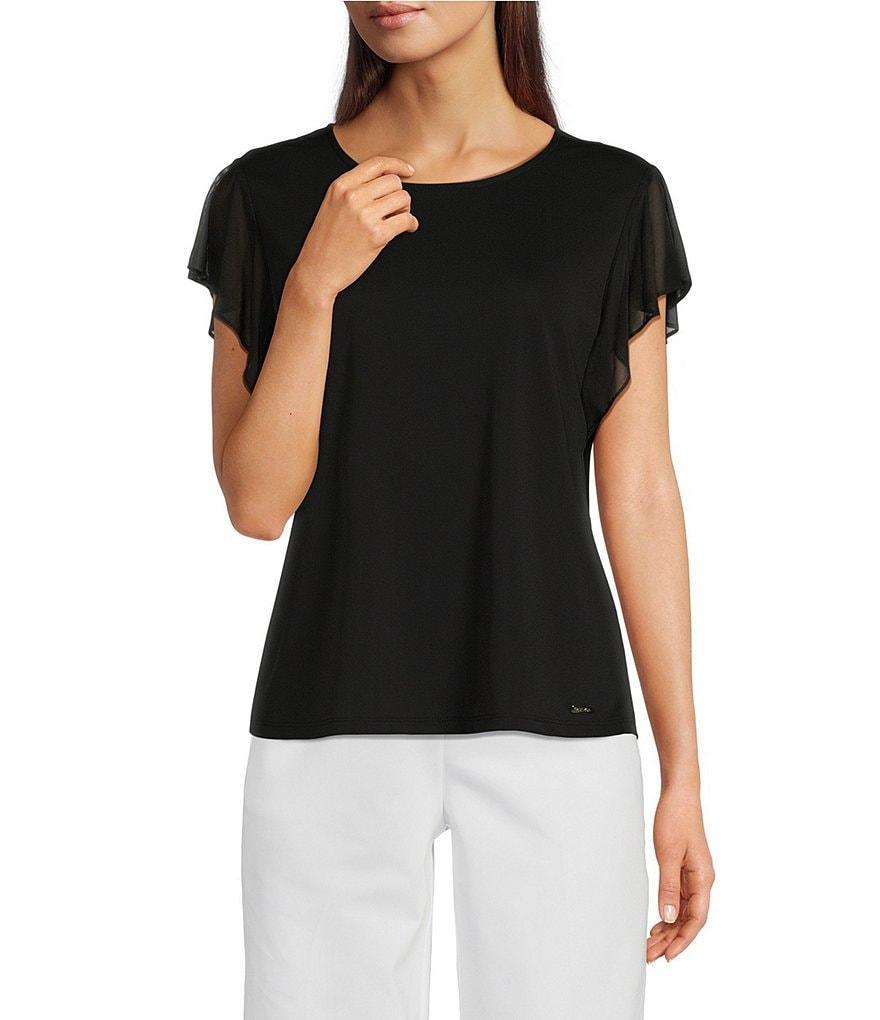 Calvin Klein Crew Neckline Short Chiffon Flutter Sleeve Blouse Product Image