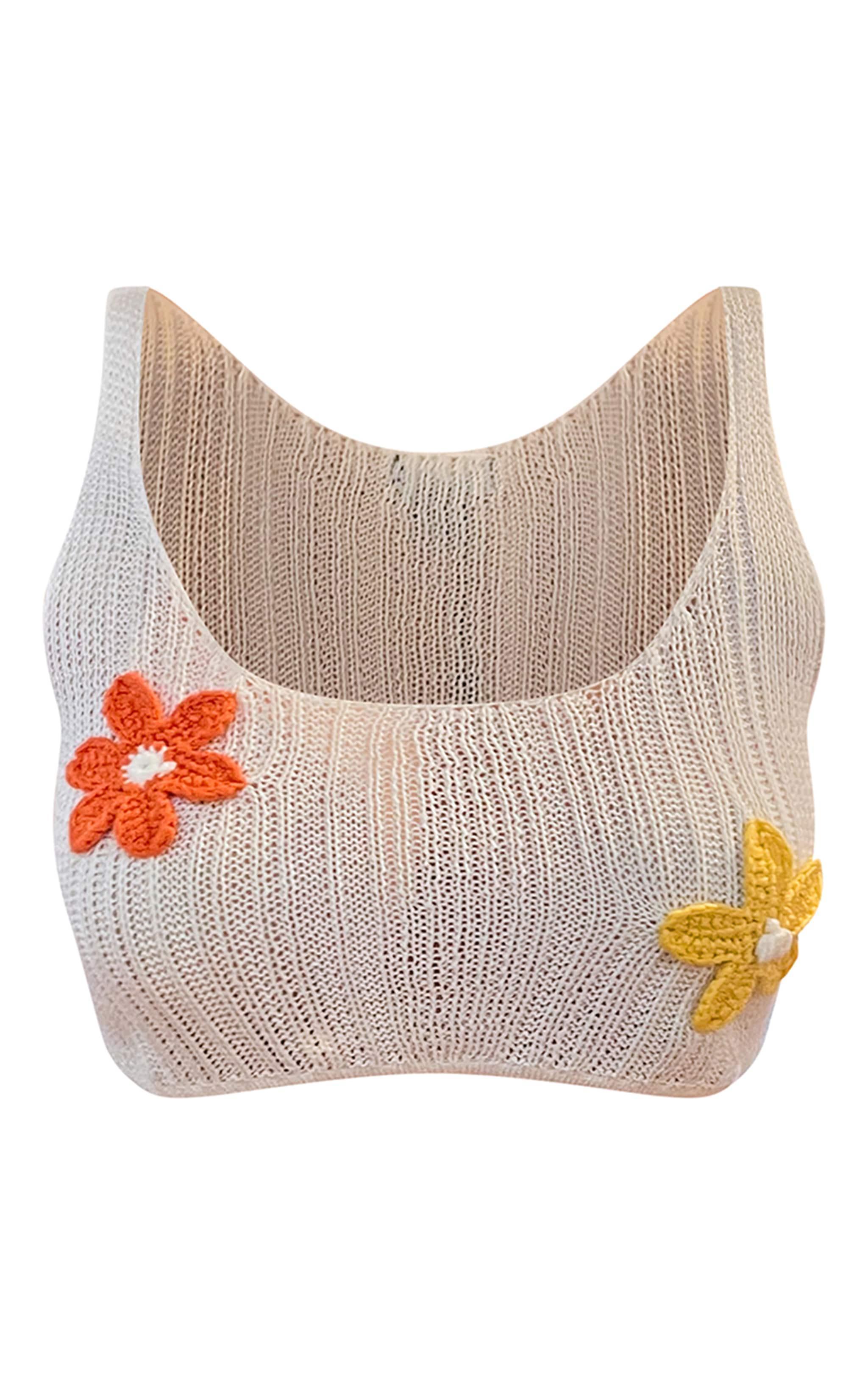 White Textured Knit Floral Applique Cami Top Product Image