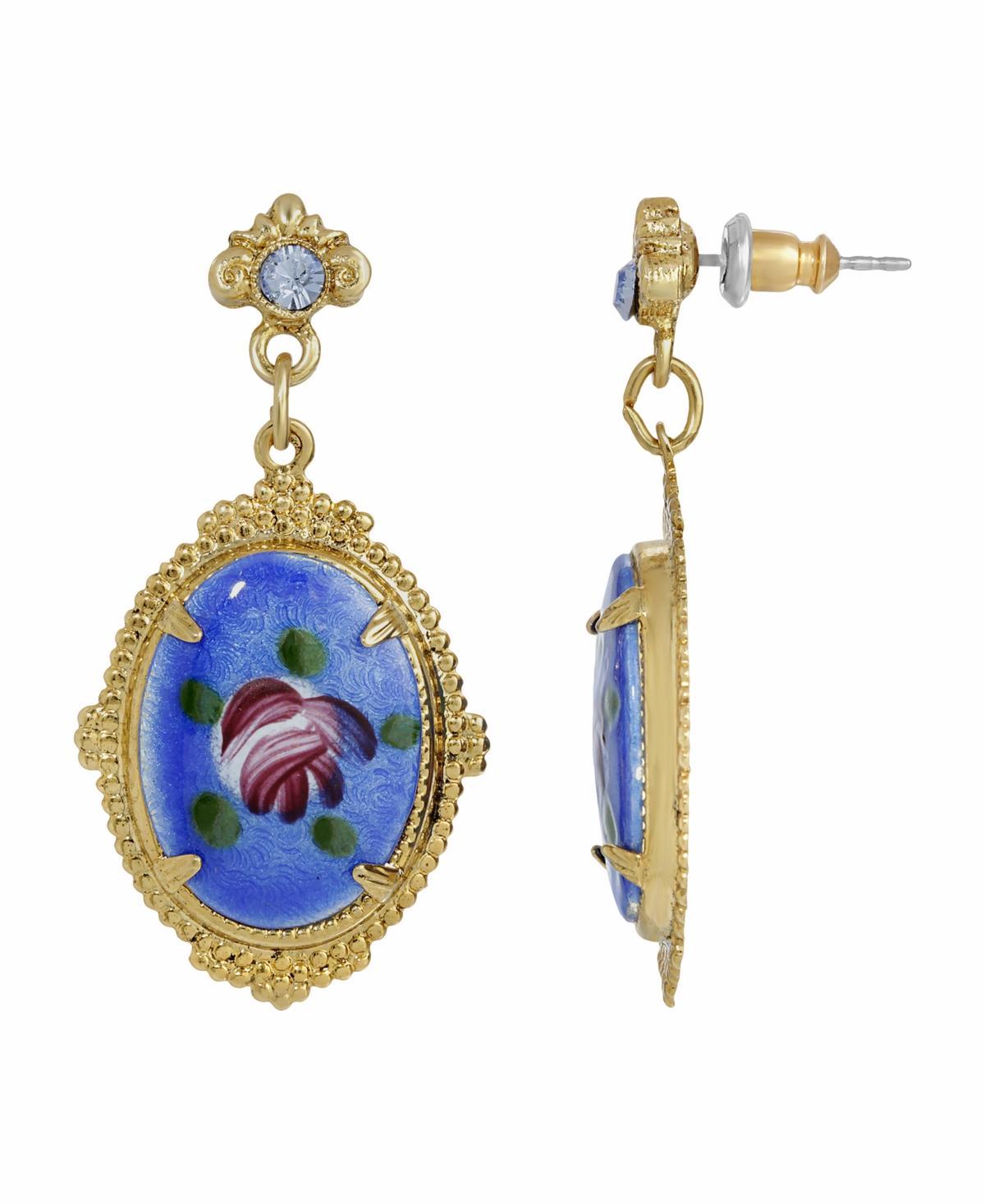 1928 Gold Tone Blue Oval Flower Stone Earrings, Womens Product Image