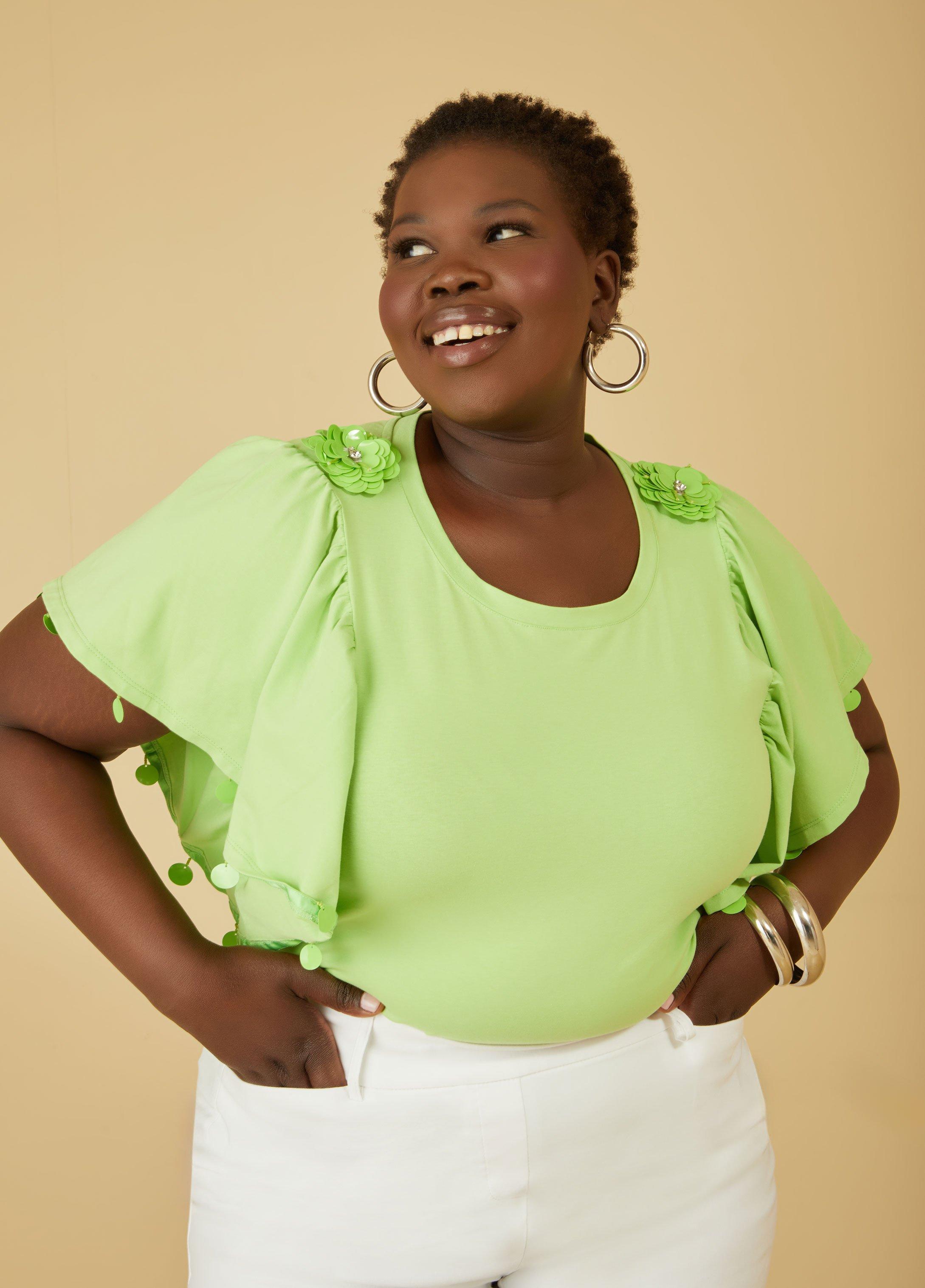 Plus Size Embellished Ruffle Sleeved Top, - Ashley Stewart Product Image