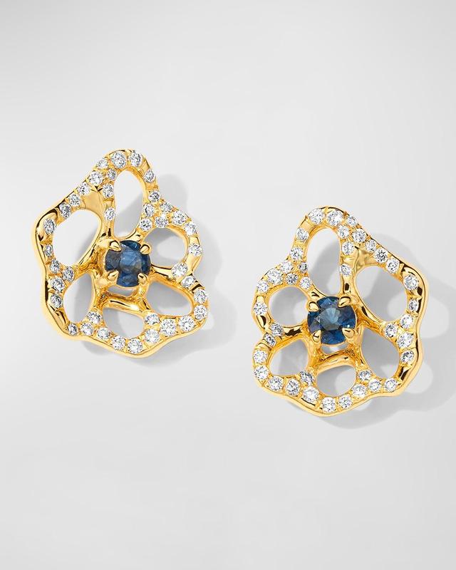 18K Stardust Drizzle Mini Flower Stud Earrings with Blue Sapphire and Diamonds Product Image