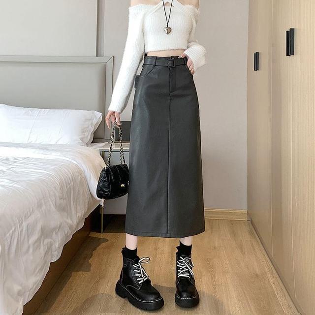 Set: High Rise Faux Leather Midi A-Line Skirt + Belt Product Image