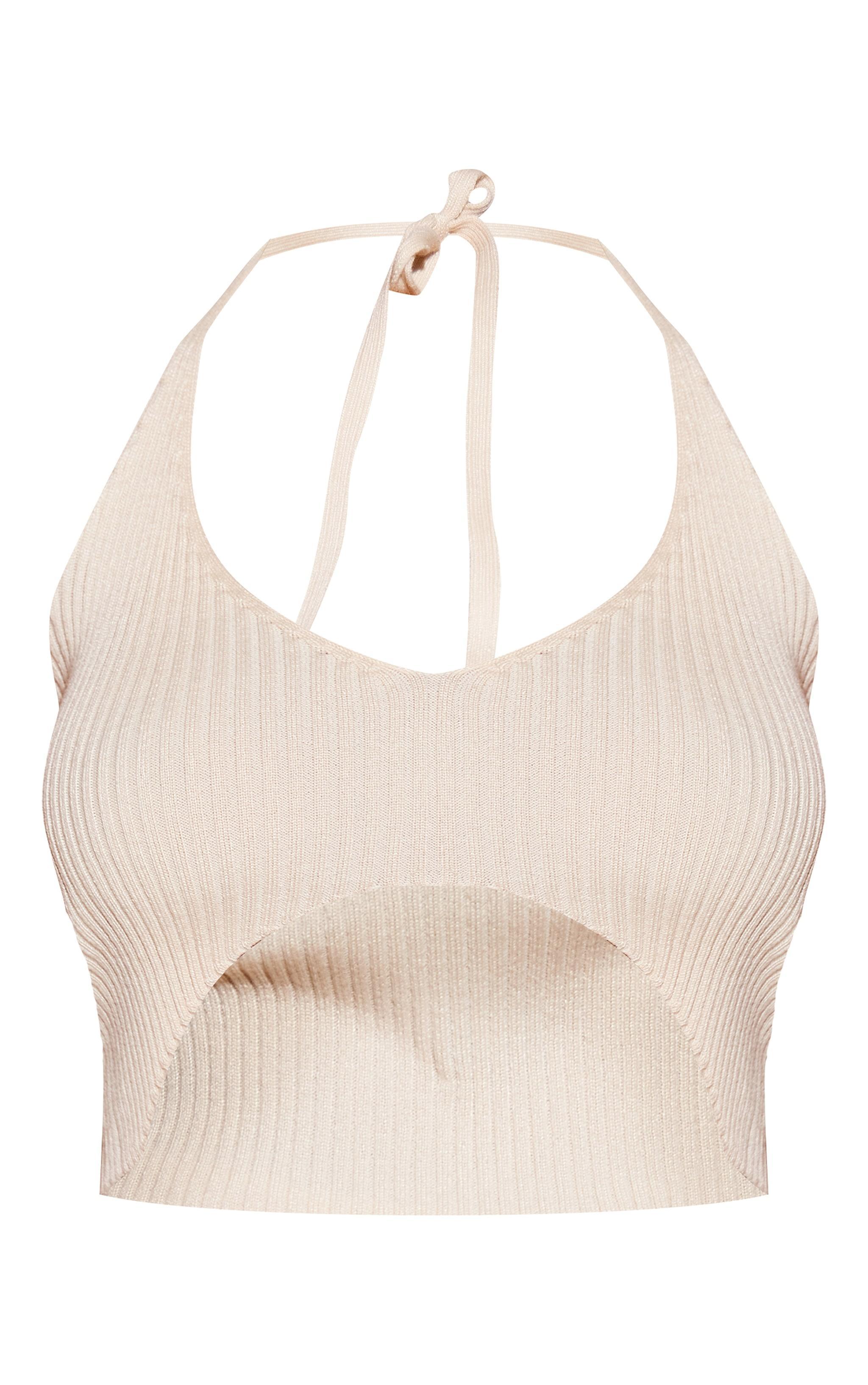 Oatmeal Rib Knit Cut Out Halterneck Top Product Image