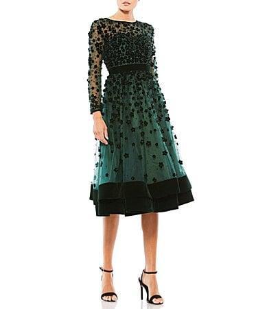 Mac Duggal Illusion Round Neck Long Sleeve Velvet Trim Floral Fit  Flare Midi Dress Product Image