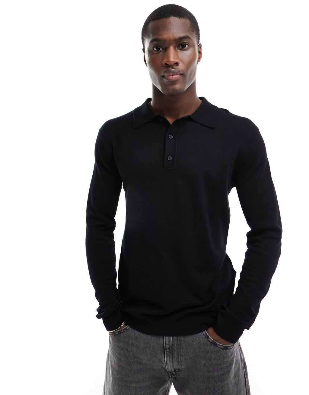 Only & Sons knit long sleeve polo in black Product Image