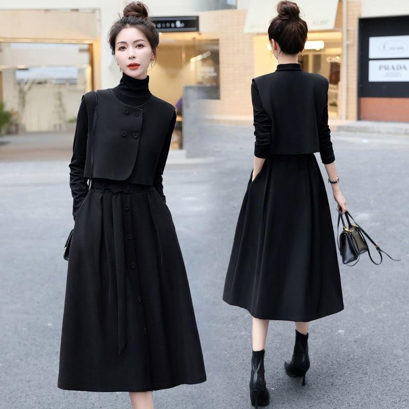 Set: Long-Sleeve Mock Neck Plain Midi A-Line Dress + Double Breasted Crop Vest Product Image