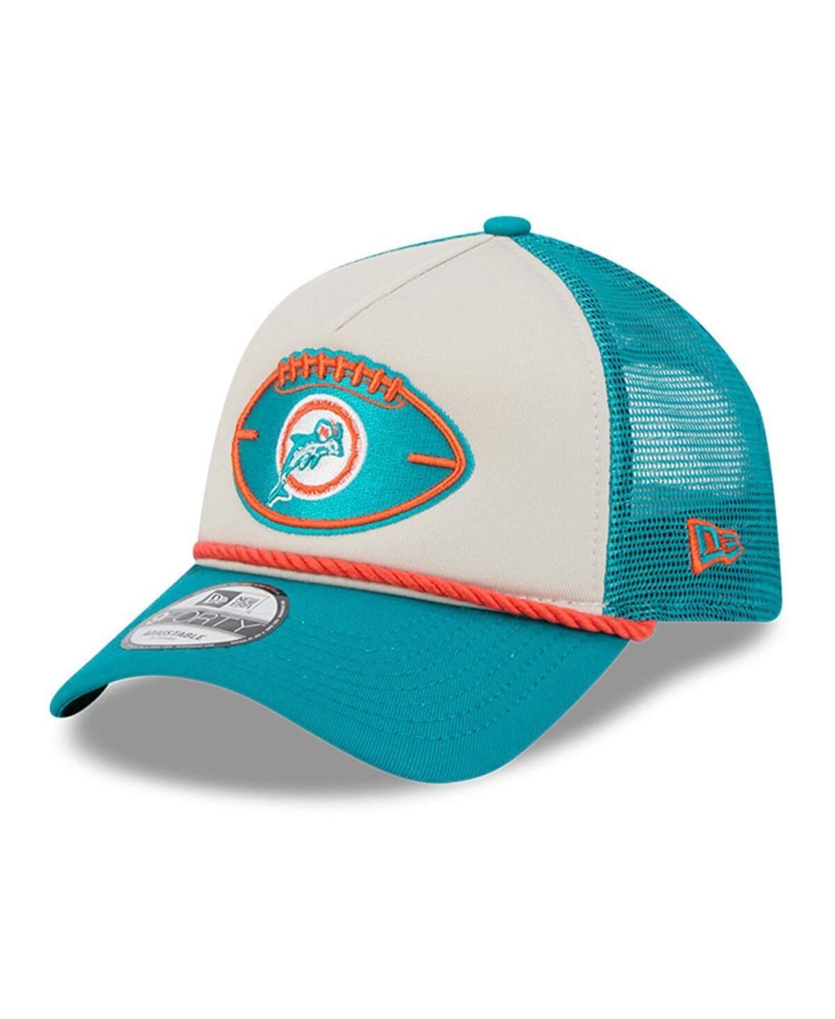 New Era Mens Stone Miami Dolphins 2024 Sideline Historic 9FORTY A-Frame Trucker Adjustable Hat - Stone, Aqua Product Image