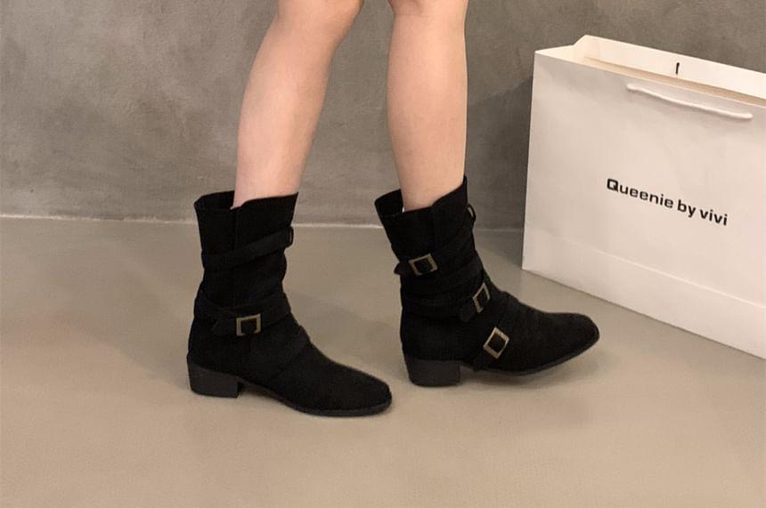 Chunky Heel Plain Buckled Mid-Calf Boots Product Image