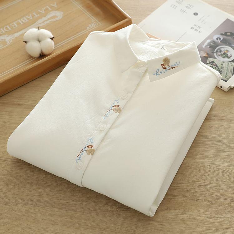 Long Sleeve Collared Floral Embroidered Shirt Product Image