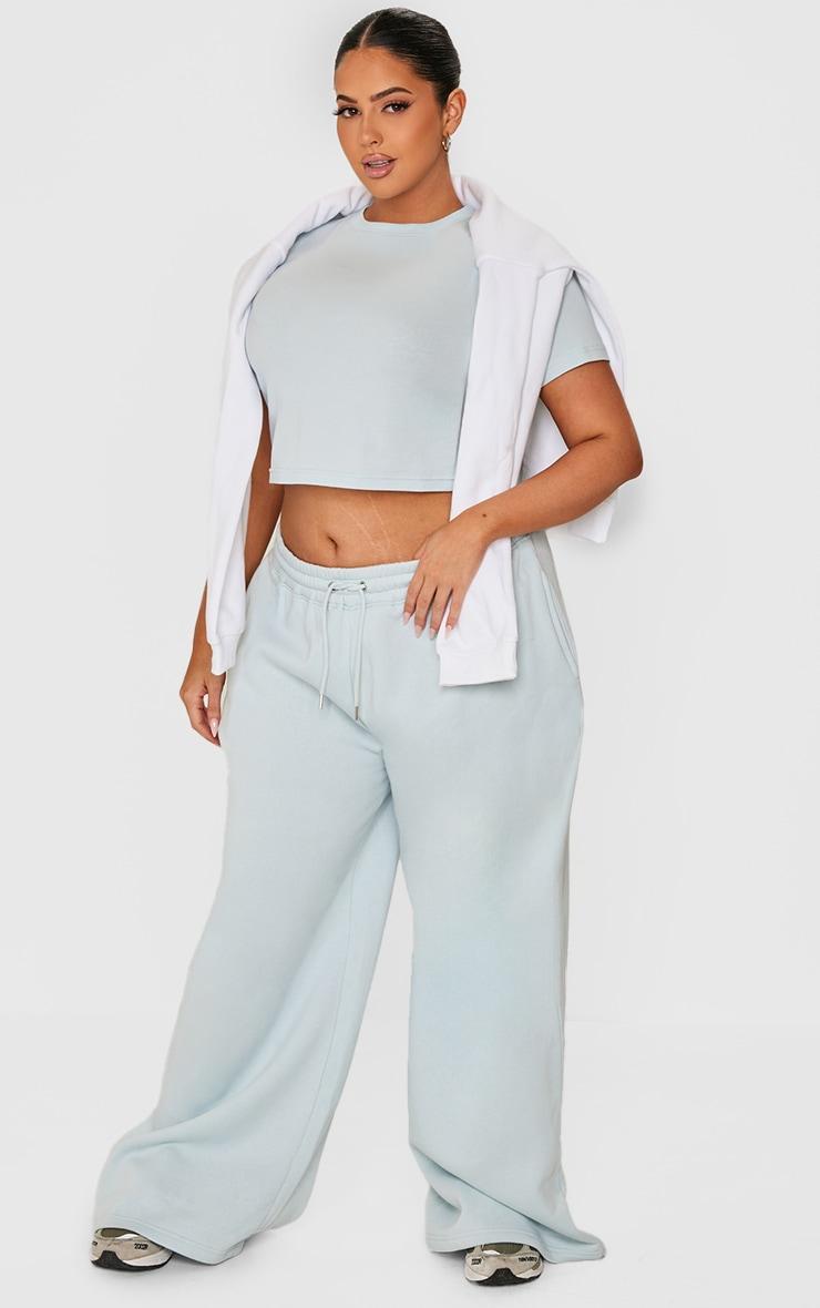 PRETTYLITTLETHING Plus Washed Blue Embroidered Wide Leg Sweatpants Product Image