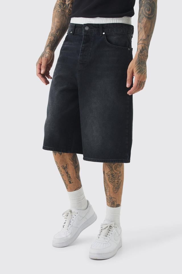 Mens Tall Double Waist Band Denim Jorts In Black, Black Product Image